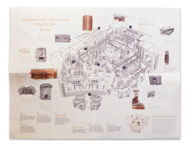 Il depliant della Starbucks Reserve Roastery di Milano, con la pianta illustrata dell'interno
